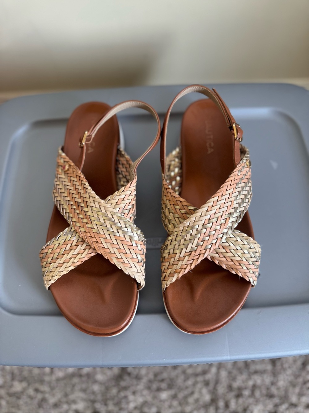Nautica Women’s Woven Cross-Strap Slingback Sandals in Gold and Brown